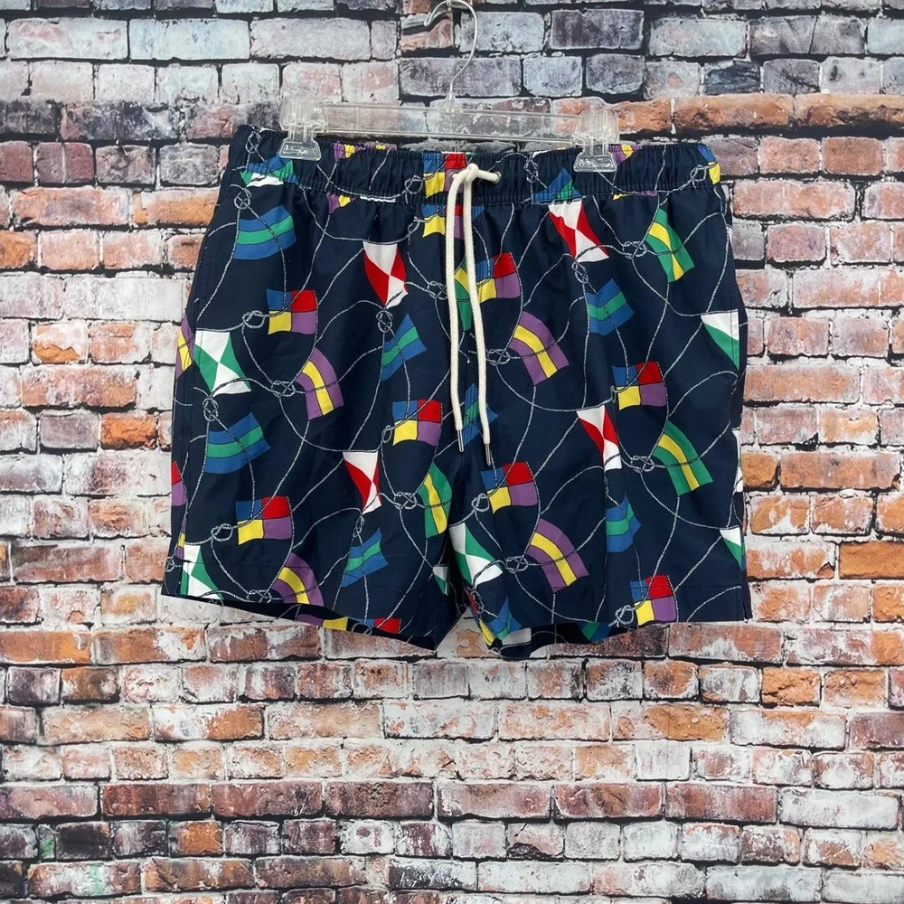 Brooks Brothers Nautical Signal Flag Swim Trunks Mens Large Navy Blue Stretch